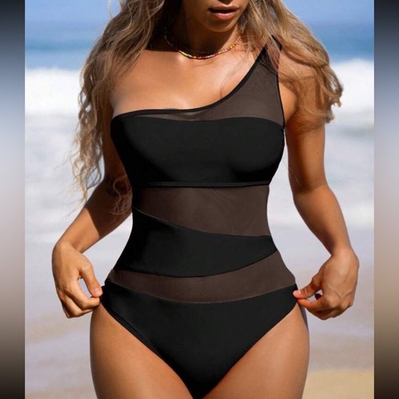 Luxe mesh insert color block one shoulder swimsuit - Picture 10 of 15